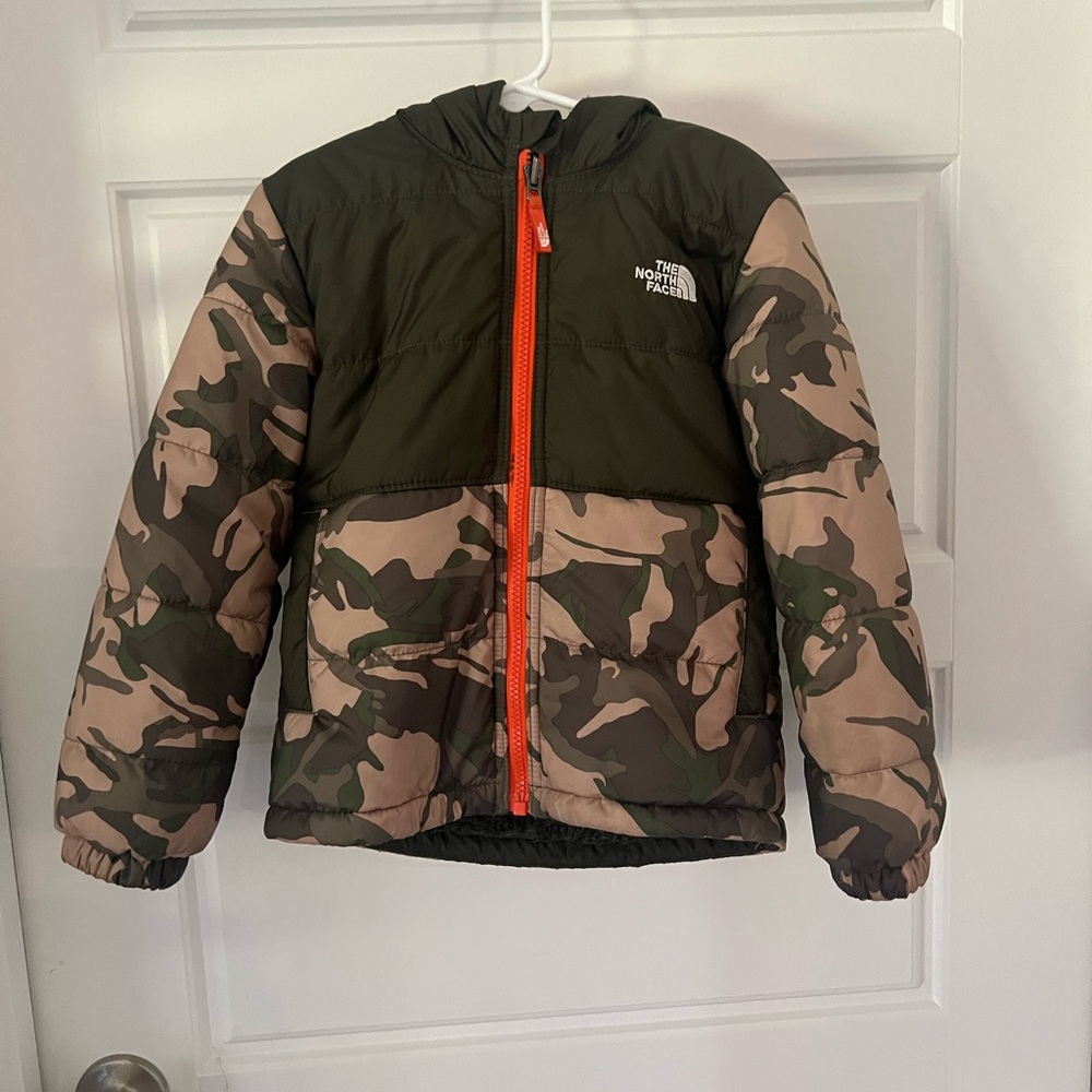 The North Face Green and Camouflage Jacket with Orange Zipper